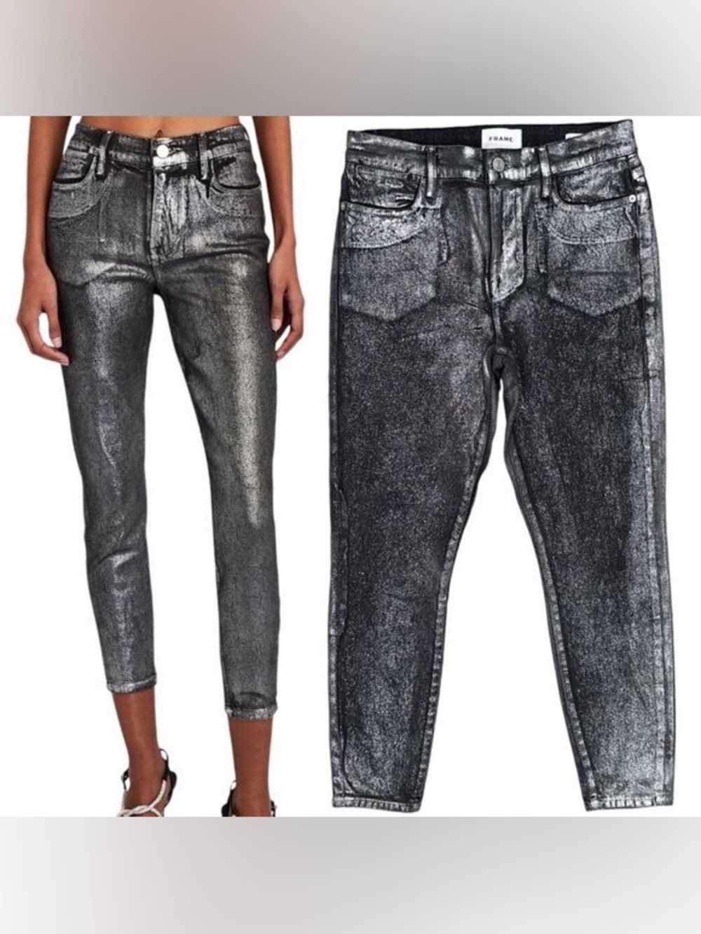 NWT Frame Denim Le High Skinny Crop Silver Metallic Jeans Size 29